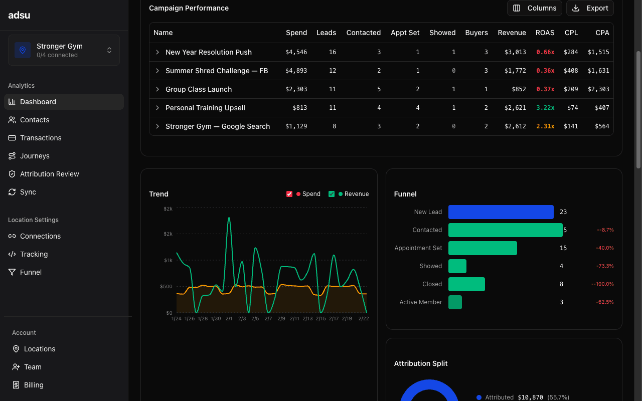 Campaign table showing name, platform, spend, impressions, clicks, leads, revenue, and ROAS columns